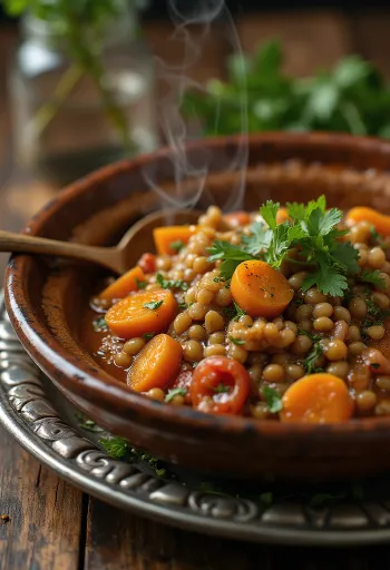 Klasický tagine s čočkou, podávaný s bohatým kořením a čerstvým koriandrem