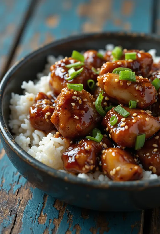 Teriyaki kuře podávané se sezamovými semínky a jarní cibulkou