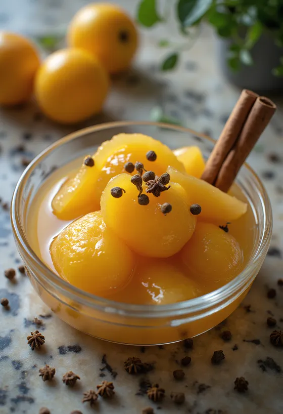 Kdoulový kompot ochucený skořicí a hřebíčkem