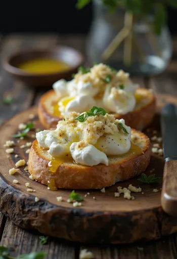 Burrata s opečeným chlebem, podávaná s česnekem a balzamikovým octem, zdobená čerstvou bazalkou.