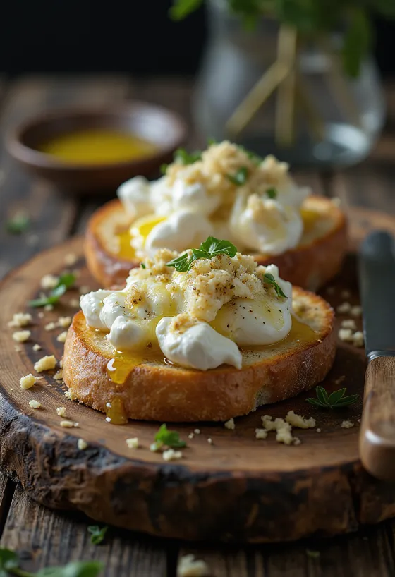 Burrata s opečeným chlebem, podávaná s česnekem a balzamikovým octem, zdobená čerstvou bazalkou.