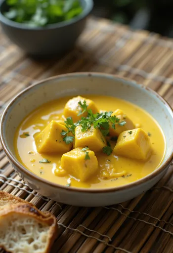 Cà ri s kokosovým mlékem, krémové kari s kuřecím masem, zdobené koriandrem