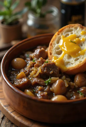 Carbonnade Flamande servírované s bramborovou kaší