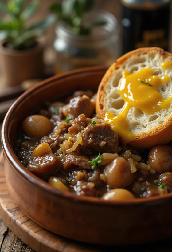Carbonnade Flamande servírované s bramborovou kaší