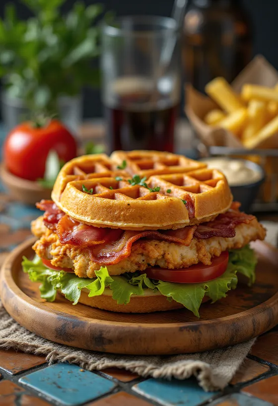 Čerstvě upečené Club sendvič vafle s grilovaným kuřetem a slaninou