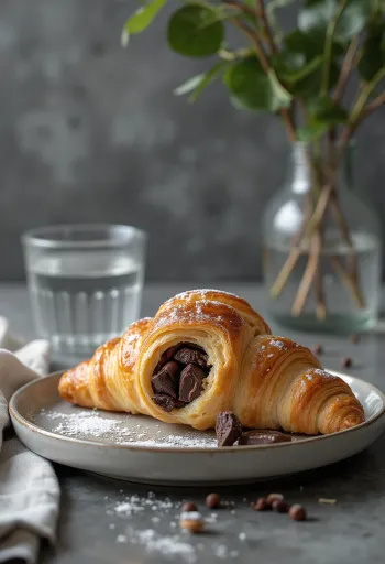 Čerstvě upečený croissant s hořkou čokoládou a mátou