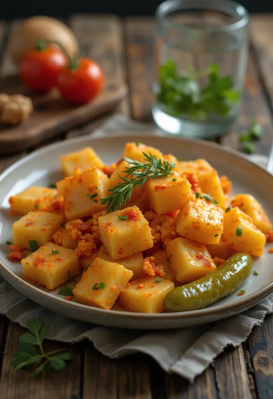 Bramborové nudle podávané s osmaženou cibulí a mletou paprikou