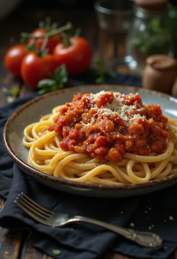 Rajčatové těstoviny s čerstvou bazalkou a strouhaným parmezánem