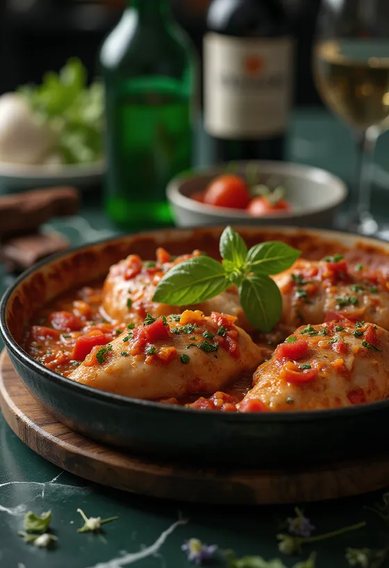 Pollo alla Cacciatora podávané s čerstvým chlebem