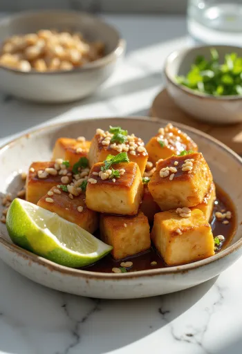 Tofu kousky s praženými arašídy při podávání
