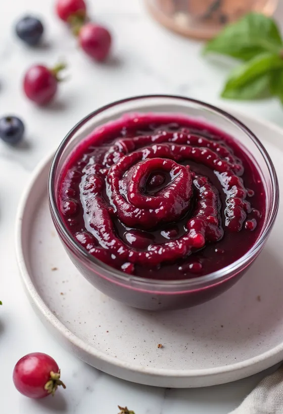 Šípková omáčka s červeným vínem v misce, zdobená čerstvým rozmarýnem.