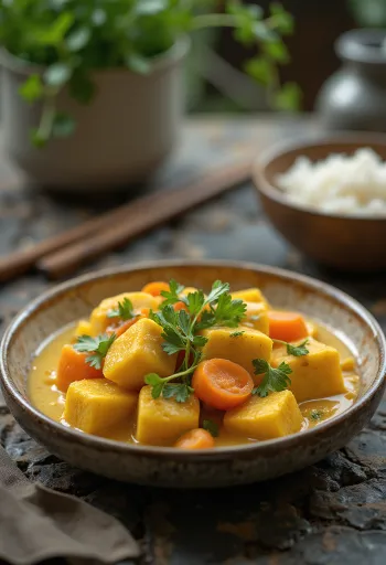 Cà ri s tofu, kostky tofu, zelenina a čerstvý koriandr