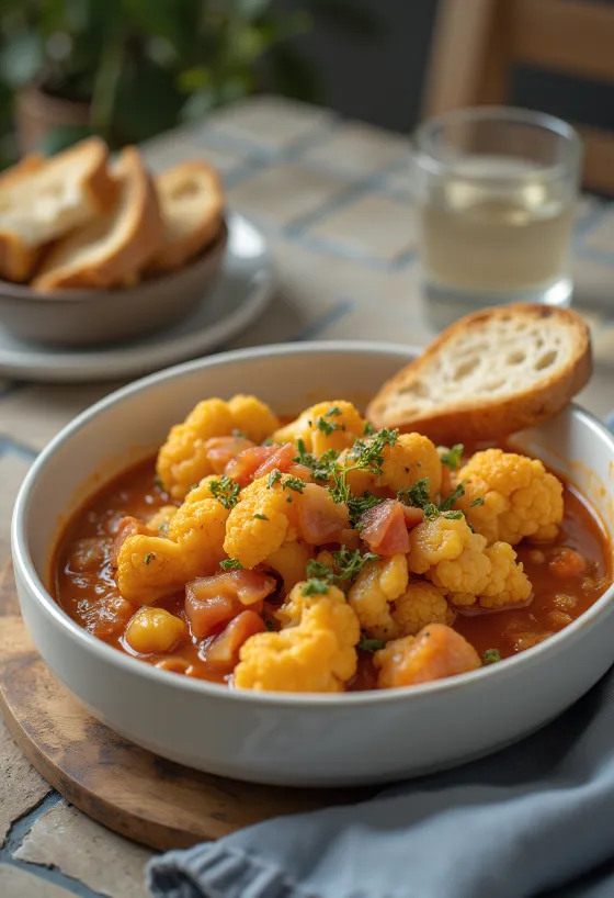 Kořeněný květákový perkelt ve šťavnatém rajčatovém základu, posypaný čerstvou petrželkou