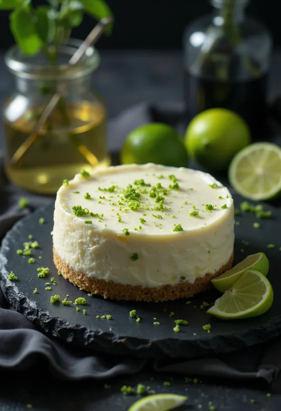 Limetkovo-mátový cheesecake, nakrájený na plátky