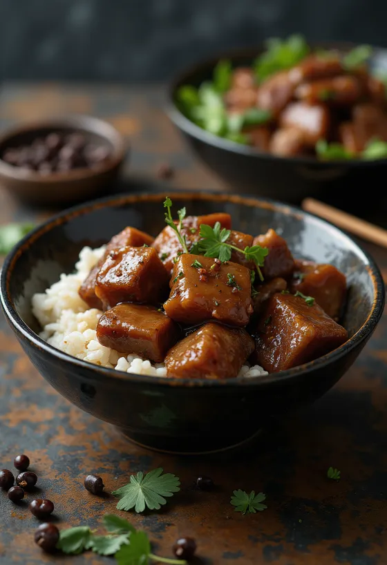 Pork adobo podávané s dušenou rýží