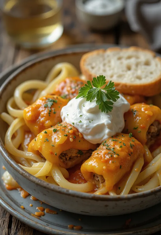 Plněná kapusta, zavinutá do listů kysaného zelí, plněná kořeněným mletým masem a rýží, podávaná v rajčatové omáčce