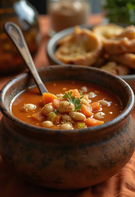 Veganská fazolová polévka s uzenou paprikou při podávání