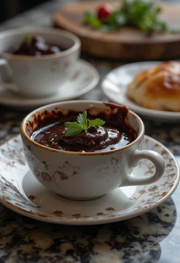 Čokoládovo-chilli omáčka s červeným vínem v misce, zdobená kousky čokolády a chilli.