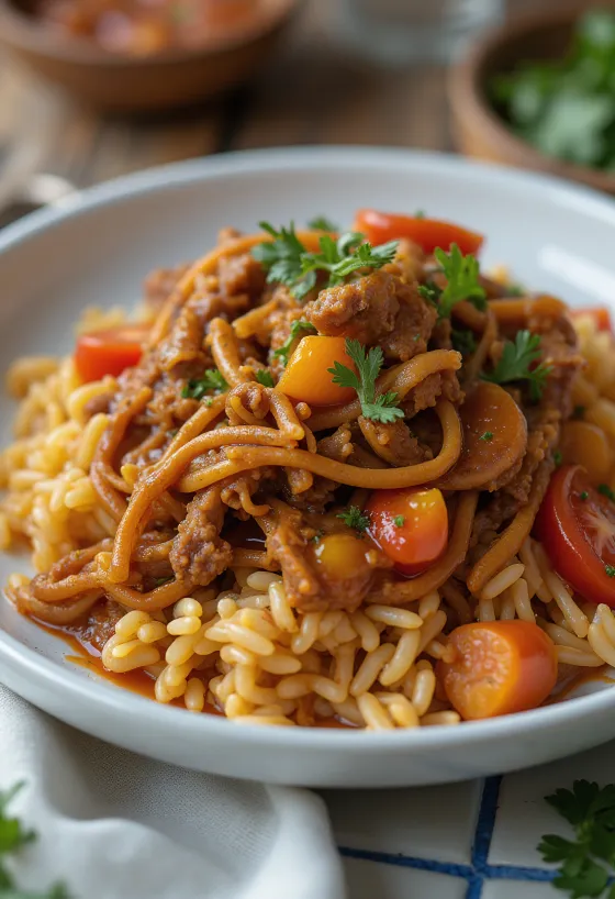 Carne Mechada servírované s arepou a rýží