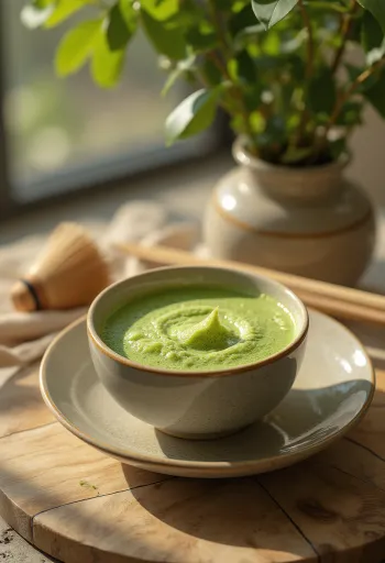 Šálek napěněného čaje matcha, zdobený práškem matcha