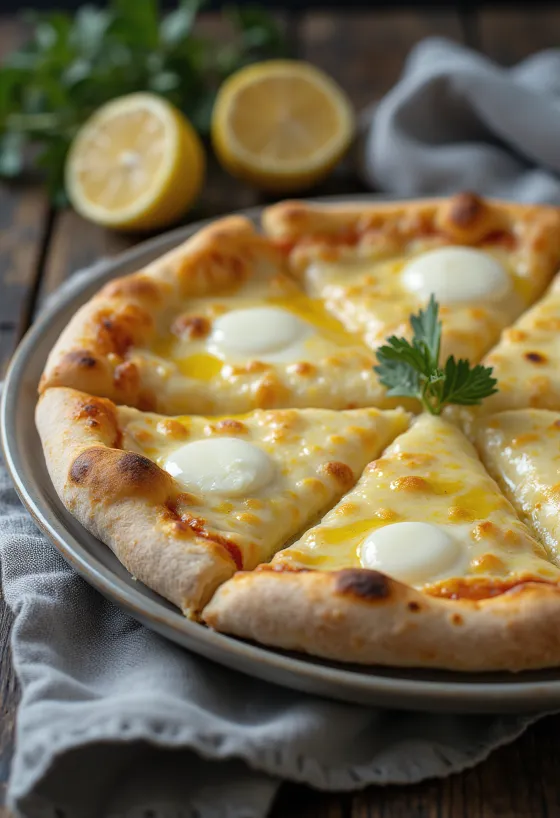 Čerstvě upečená bílá pizza se sýrem Grana Padano