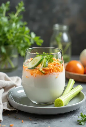 Probiotický zeleninový kefír ve sklenici, nápoj světlého odstínu s drobnými kousky zeleniny