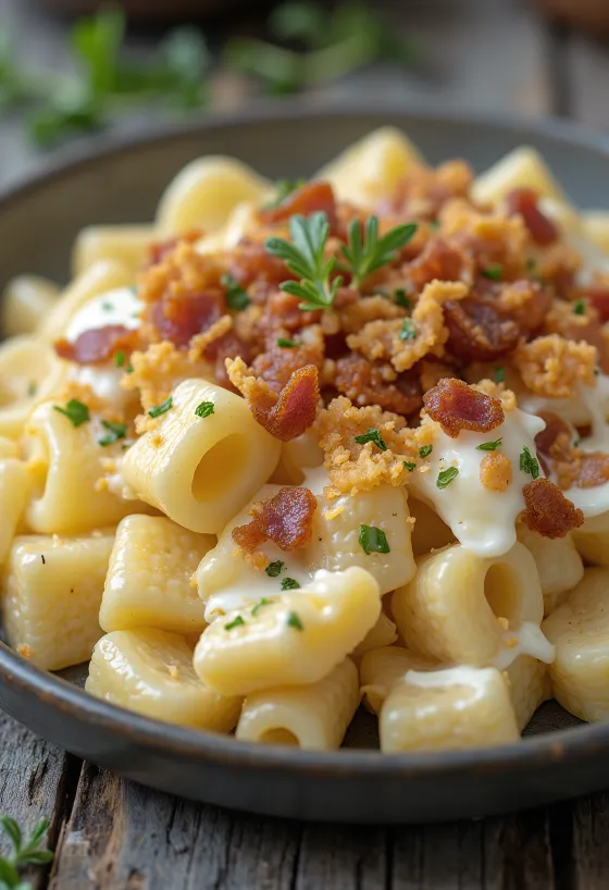 Tvarohové nudle posypané škvarky, podávané s čerstvým koprem