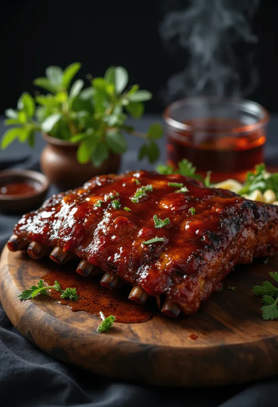 BBQ žebírka podávaná s pečenými bramborami a čerstvým salátem