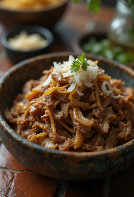Carne Seca servírované s rýží a čerstvým koriandrem