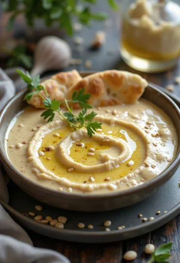 Kari česneková tahini omáčka servírovaná