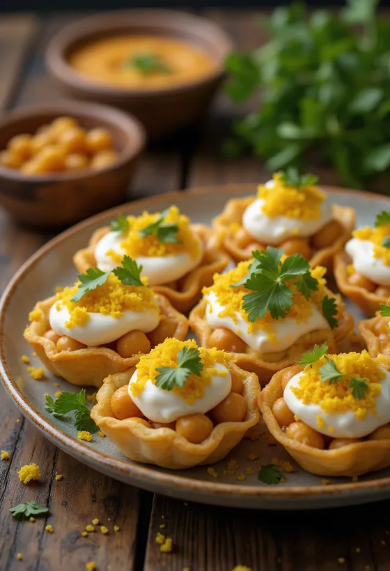 Dahi puri se sev, jogurtová omáčka, cizrna a křupky sev při podávání
