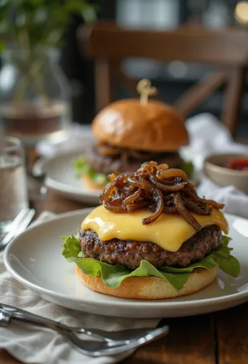 Francouzský hamburger s sýrem camembert a karamelizovanou cibulí