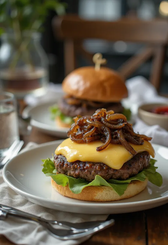 Francouzský hamburger s sýrem camembert a karamelizovanou cibulí