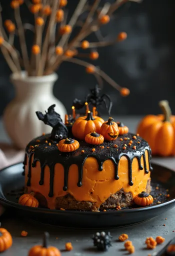Halloween dort s oranžovým fondánem a černým zdobením