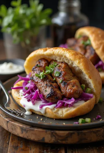 Kebab sendvič s grilovanými masovými špízy, čerstvou zeleninou a jogurtovou omáčkou