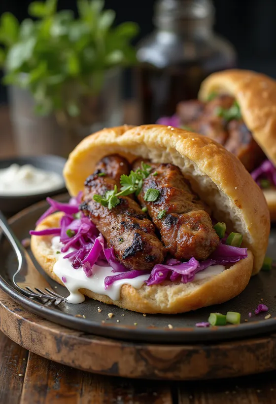 Kebab sendvič s grilovanými masovými špízy, čerstvou zeleninou a jogurtovou omáčkou