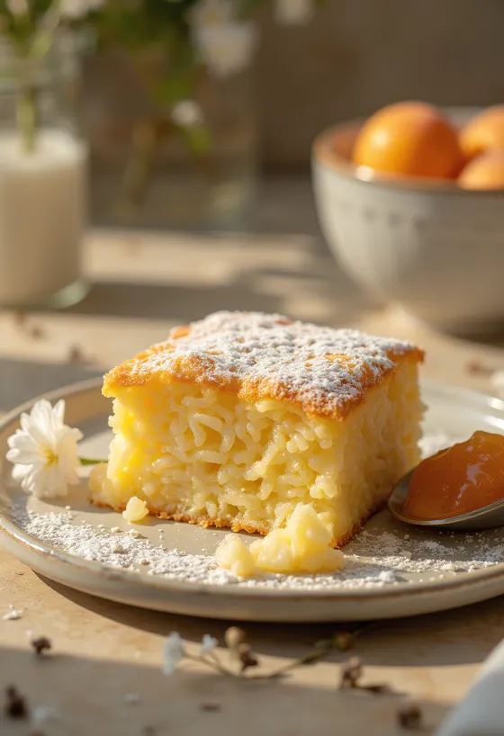 Rýžový nákyp upečený dozlatova, posypaný moučkovým cukrem a podávaný s ovocnou marmeládou