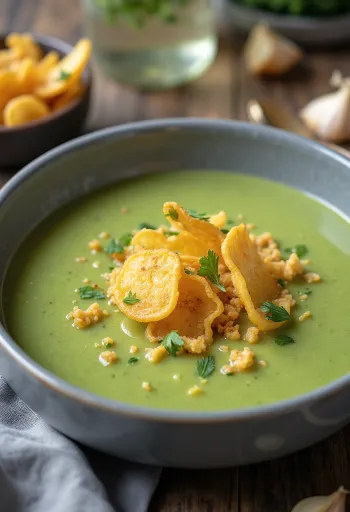 Veganská cuketová polévka s praženým česnekem při podávání