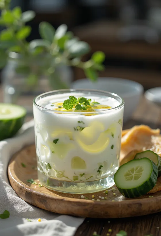 Ayran s okurkou, osvěžující jogurtový nápoj podávaný s okurkou a mátou