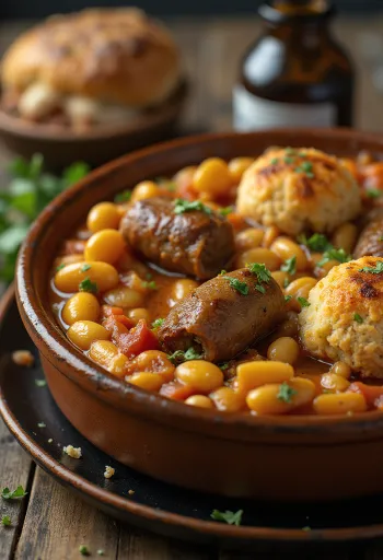 Cassoulet s jehněčím masem, jídlo z jednoho hrnce s fazolemi a klobásou