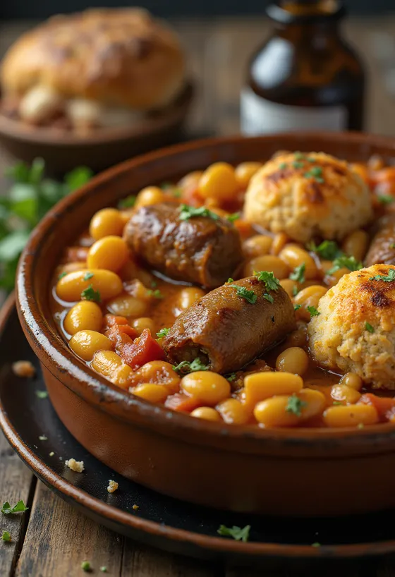 Cassoulet s jehněčím masem, jídlo z jednoho hrnce s fazolemi a klobásou