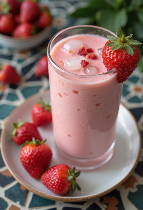 Vysoká sklenice s růžovým jahodovým lassi a ledem