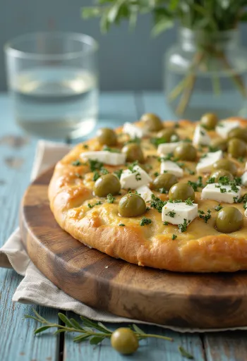 Řecká focaccia s fetou a olivami servírovaná na dřevěném prkénku