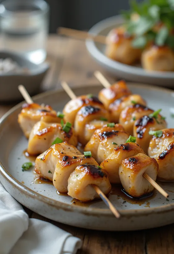 Sasami yakitori kuřecí prsa na špejli, podávaná se sezamovými semínky a čerstvou cibulkou