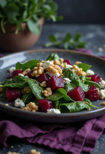 Špenátový salát s červenou řepou, ořechy a sýrem feta