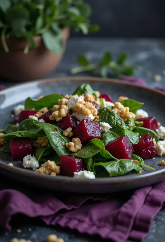 Špenátový salát s červenou řepou, ořechy a sýrem feta