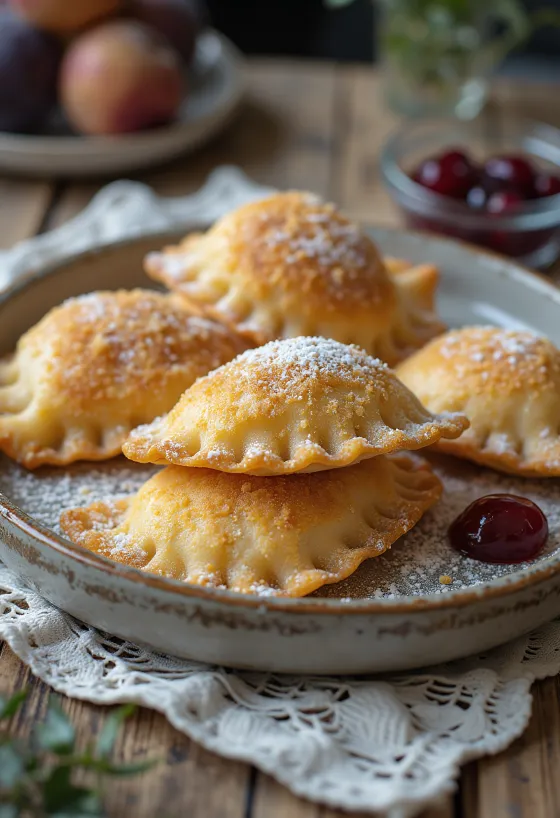 Čerstvě uvařené taštičky se švestkovými povidly, posypané opraženou strouhankou