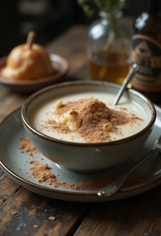 Krémová krupicová kaše posypaná kakaem, podávaná s čerstvým ovocem