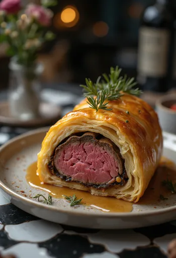 Hovězí Wellington nakrájené na plátky, podávané s čerstvou zeleninou