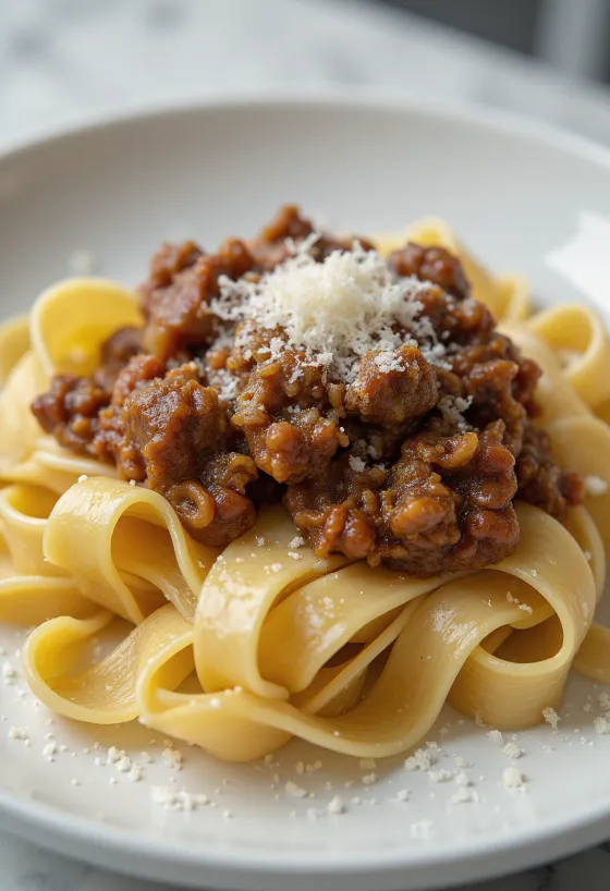 Divočákové ragú s pappardelle podávané na rustikálním talíři.